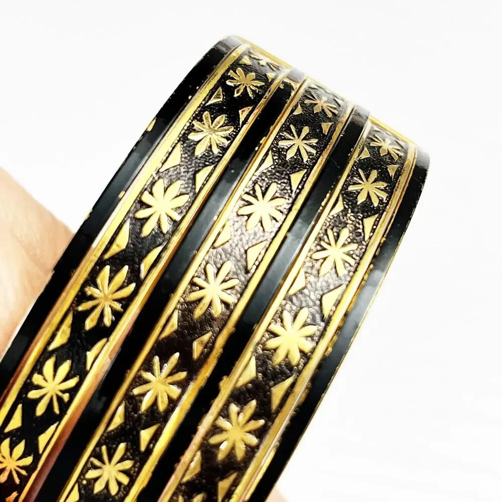 Vintage Etched Black & Gold Bracelet Stack of 7
